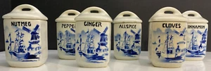 VTG. CZECHOSLOVAKIA ~ BLUE AND WHITE WINDMILL SPICE JAR SET ~ SET OF 6 - Picture 1 of 20
