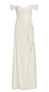 ML Monique Lhuillier Gold Matallic Off The Shoulder Chiffon Dress Size 10 NWT  - Picture 1 of 8