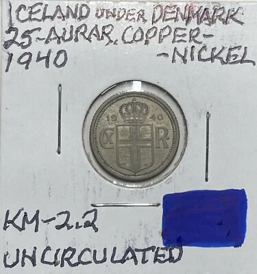 1940, TWENTY-FIVE AURAR, ICELAND UNDER DENMARK COIN, FREE SHIPPING - Image 1 of 2