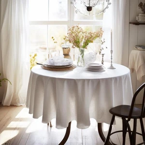 Tovaglia rotonda 100% puro lino 80 pollici rotonda lavabile in lavatrice tovaglia per... - Foto 1 di 9