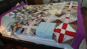 NEW QUILT TOPPER MACHINE MADE Diamond Patches PURPLE TRIM 78x78" BEAUTIFUL - Picture 1 of 8