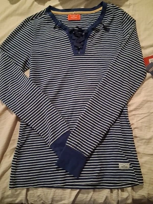 Kimes Ranch Women’s Long Sleeve Lace Neck Tee Blue Stripe Size Medium - Image 1 of 4