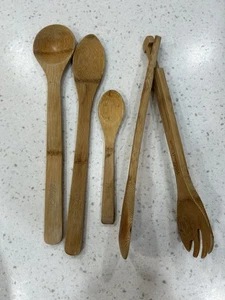 Pampered Chef Wooden Spoons And Salad Spoon And Fork set 4 pieces  - Picture 1 of 11