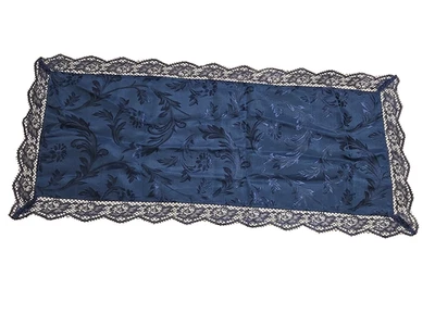Cobalt Blue Table Runner 33"x15" Lace Trim Shiny Polyester Floral Tone-on-Tone - Image 1 of 4