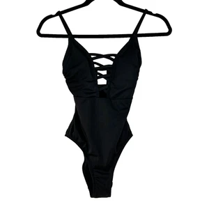 No Boundaries Swimsuit Womens XS Black One Piece Plunging V Neck Criss Cross - Picture 1 of 9
