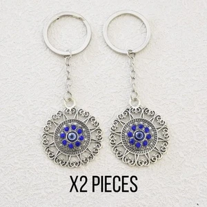 Greek Turkish x2 Evil Eye Protection Keyring Blue Nazar Amulet Silver Key Ring - Bild 1 von 7