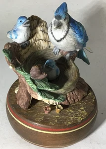 Mother Blue Bird Two Baby Birds Music Box Sculpture (Not Working) Oval Base - Picture 1 of 5