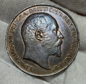 1902 British Edward VII Low Tide Penny Bronze Coin Lustrous Eye Appeal Very Nice - Picture 1 of 2