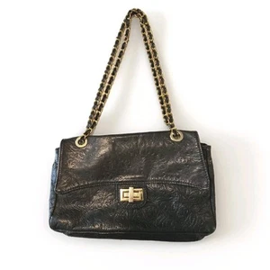 Sac à main bandoulière LAVORAZIONE ARTIGIANALE italien cuir gaufré noir - Photo 1/12
