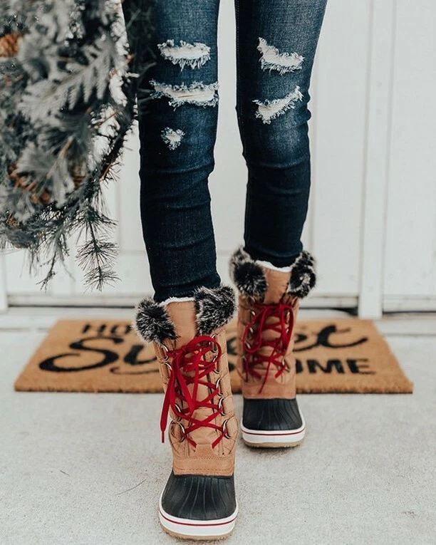 Nuevas botas para mujer con cordones impermeables nieve invierno media pantorrilla pato piel sintética goma Foto 1 de 1