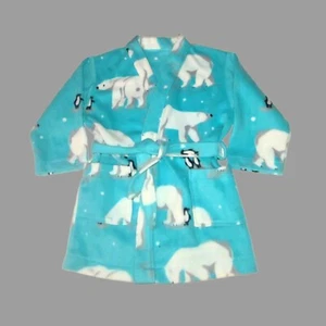 Unisex Blue Fleece Robe Polar Bear Penguin Print, Belted with Pockets Sz 8-10 M - Picture 1 of 1