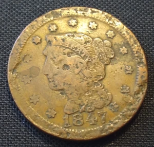 1847 braided hair large cent vg f details 20 degree rotation copper type coin - Picture 1 of 4