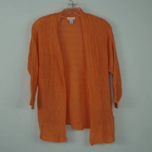 Chicos Open Front Crochet Knit Orange Cardigan Linen Blend Sz 1 Med  3/4 Sleeve - Picture 1 of 10