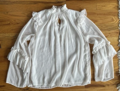 H&M Top 女式维多利亚白色透亮荷叶边衬衫 4 码 — 第 1/4 张图片