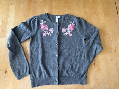 Janie and Jack grey and pink floral embroidered cardigan Sz 12 - Image 1 of 4