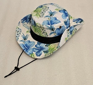 Blue Bucket Hat Boonie Fishing Camping Outdoor Hiking Sun Beach Floral Hibiscus - Picture 1 of 13