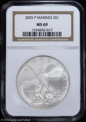 2005-P $1 Marine Corps Commem Silver Dollar NGC MS 69 | Uncirculated UNC BU - Image 1 of 4