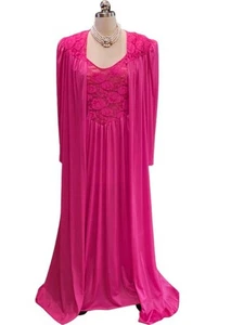 VINTAGE OLGA CHRISTINA PEIGNOIR SET GERANIUM PINK SHEER SPANDEX LACE, SIZE LARGE - Picture 1 of 9