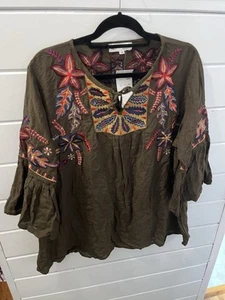 Angel Heart Boutique Womens Green Boho Embroidered Floral Blouse Nwt Size 3X - Picture 1 of 3