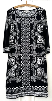 LINEA.  BLACK PRINT STRETCH JERSEY DRESS. 3/4 SLEEVES.  SIZE 12 - Image 1 of 3