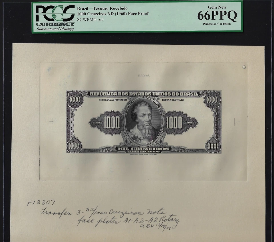Brazil - Tesouro Face 1000 Cruzeiros ND(1960) P165 Essay Proof Uncirculated  - Image 1 of 2
