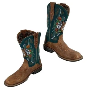Ariat Cowboy Boots 8.5 Rodeo Day Of The Dead Skull Rose Tan Turquoise - Picture 1 of 11