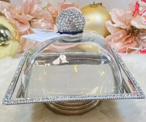 Rhinestone JEWELED Crystal CAKE PASTRY KEEPER GLASS DOME Server Stand Square - Picture 1 of 1