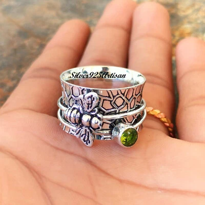 Anillo hecho a mano inquieto de plata esterlina 925 giratorio abeja miel peridoto para mujer SP266 Foto 1 de 4