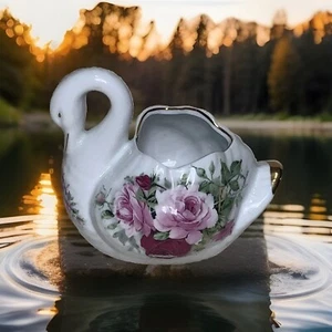 Baum Brothers Formalities Porcelain Swan Figurine Vase Planter Red Pink Roses - Picture 1 of 13