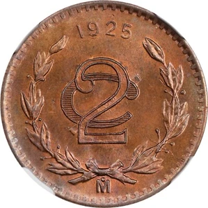 MEXICO ESTADOS UNIDOS 1925 2 CENTAVOS COIN NGC CERTIFIED UNCIRCULATED MS64-BN - Picture 1 of 4