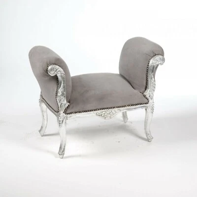 Panca Panchetta In Legno foglia argento rivestimento velluto grigio divanetto - Immagine 1 di 4