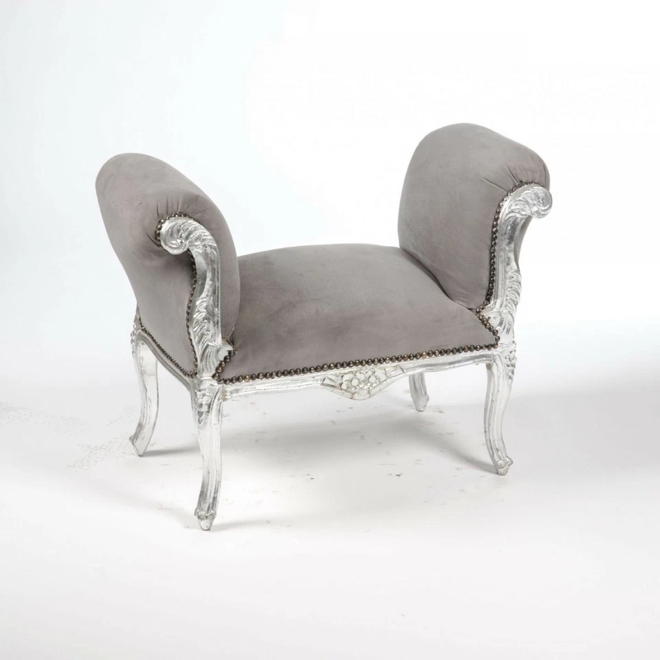 Panca Panchetta In Legno foglia argento rivestimento velluto grigio divanetto - Immagine 1 di 4