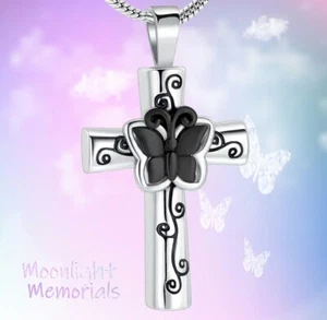 New Cross Butterfly Embossed Urn Ashes Cremation Memorial Necklace - Picture 1 of 14