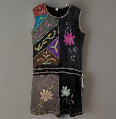 Boho Hippie Art NEPAL Embroidered APPLIQUE 100% COTTON Dress Women XXL Floral - Image 1 of 4