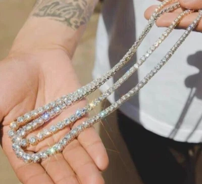 Iced Out Bling Zircon 5mm Tennis Chain Necklace Silver Color CZ Charm Choker 18" - Image 1 of 4