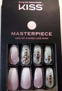 Kiss Masterpiece Artificial Nail Long Mauve Pink with Gems GLUE Coffin - Picture 1 of 4