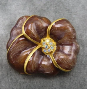 Bob Mackie Brooch Vintage Pin Brown Enamel Blossom Flower AB Crystal 1.75" 236a - Picture 1 of 11