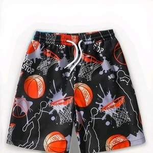 Kids Boy's Basketball Black/orange Swim Trunks Drawstring Quick Dry Size M NEW - Picture 1 of 3
