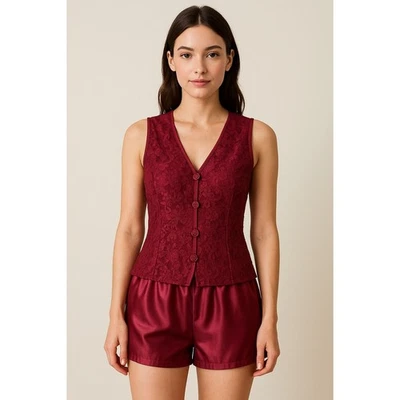 Conjunto de ropa de dormir vintage de encaje rojo cine y tocador medio tanque y pantalones cortos pijama Foto 1 de 4