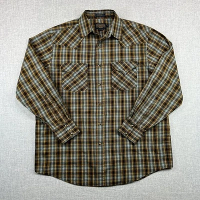 Pendleton Frontier Shirt Men Medium Blue Tan Plaid Western Pearl Snap Flap Pkts - Image 1 of 4