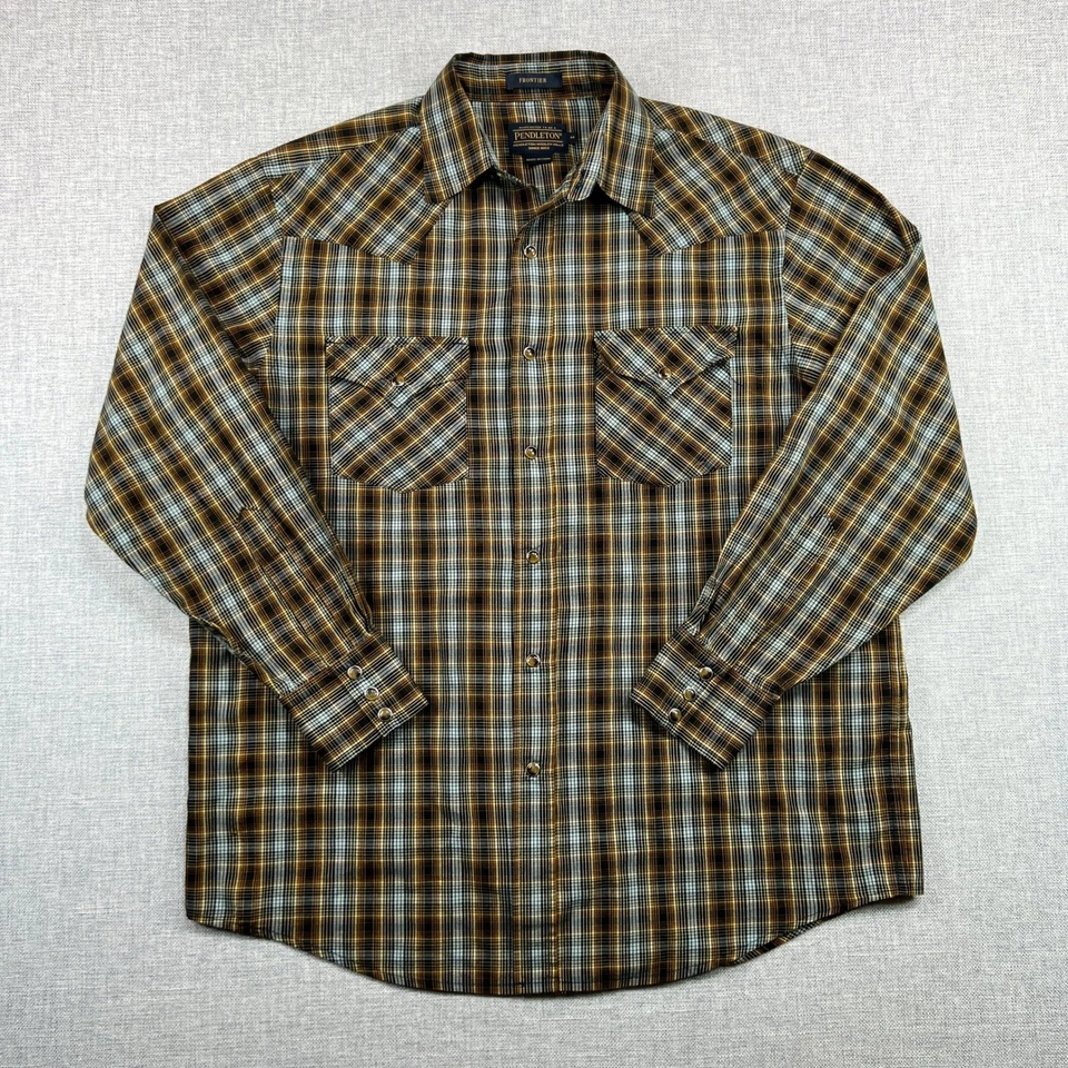Pendleton Frontier Shirt Men Medium Blue Tan Plaid Western Pearl Snap Flap Pkts - Image 1 of 4
