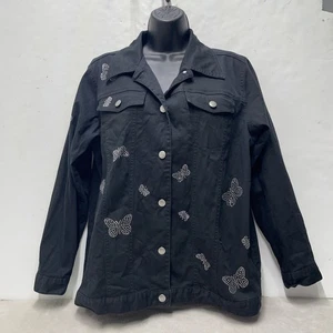 Quacker Factory Denim Jacket Womens S/M* Black Butterfly Embellished Stretch - Picture 1 of 9