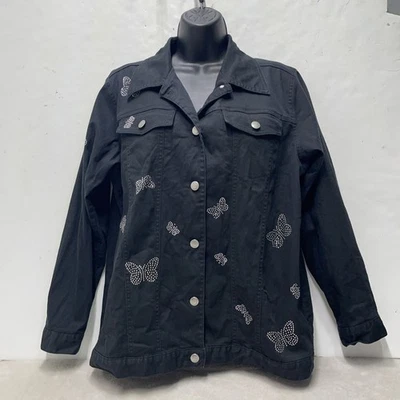 Quacker Factory Denim Jacket Womens S/M* Black Butterfly Embellished Stretch - Image 1 of 4