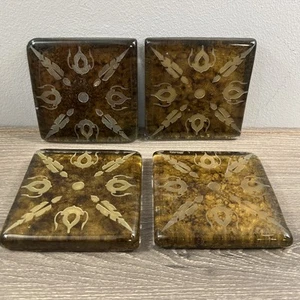 Bombay Co. Fused Cased Thick Glass Gold Tortoise Shell Etched Coasters Set/4 Vtg - Picture 1 of 7