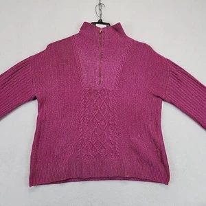 St Johns Bay Womens L Sweater 1/4 Zip Long Sleeves Mock Neck Purple Cable Knit - Picture 1 of 12