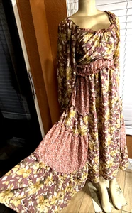 &Merci Fall Floral Puff L/S  Tier  Boho Maxi Dress Cold Shoulder Size S scx - Picture 1 of 12