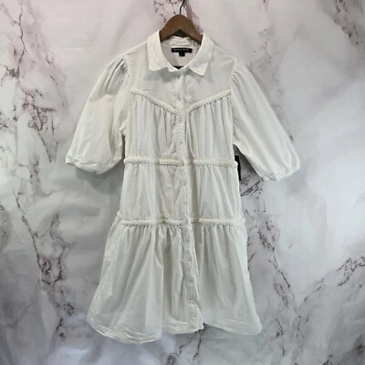Vestido Boston Proper para mujer grande blanco midi largo popelina trenzado abullonada abotonada Foto 1 de 4