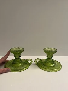 Pair of Light Green Pressed Glass Candlesticks Candle Holders Finger Loop Ornate - Picture 1 of 8