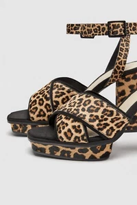 NWT ZARA LEOPARD Animal Furskin LEATHER Heeled Sandals Tags 129.0 US6.5 EUR 37 - Picture 1 of 5