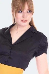 New Ladies Retro Women 50's Black Satin Short Sleeve Blouse Top Vintage Style - Picture 1 of 4